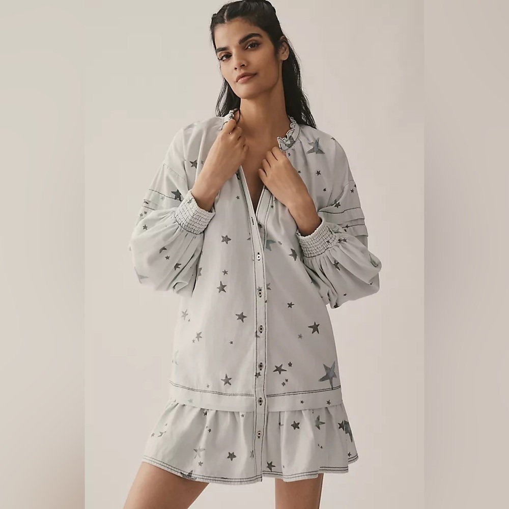 Anthropologie Pilcro Long Sleeve V-Neck Button Front Mini Dress Light Denim XL